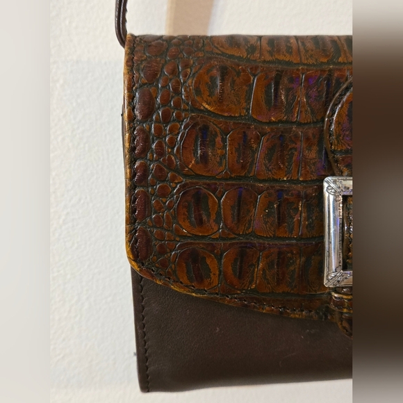 Brighton Crossbody Wallet In Black Leather With Brown Crocodile Embossed Design - Picture 6 of 17